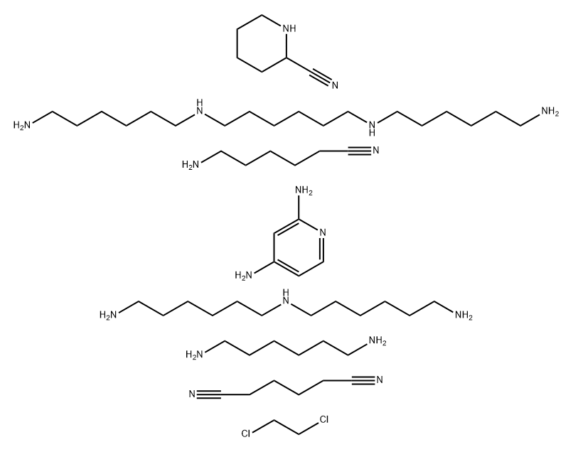 Hexanedinitrile, polymer with 6-aminohexanenitrile, N-(6-aminohexyl)-1,6-hexanediamine, N,N-bis(6-aminohexyl)-1,6-hexanediamine, 1,2-dichloroethane, 1,6-hexanediamine, 2-piperidinecarbonitrile and 2,4-pyridinediamine 구조식 이미지