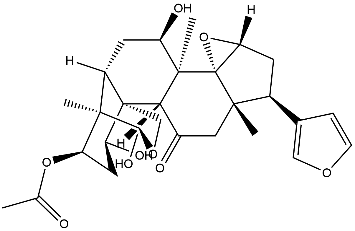 24-Norchola-20,22-diene-4-carboxaldehyde, 3-(acetyloxy)-14,15:21,23-diepoxy-1,7,19-trihydroxy-4,8-dimethyl-11-oxo-, cyclic 4,19-hemiacetal, [C(R),1α,3α,4β,5α,7α,13α,14β,15β,17α]- Structure