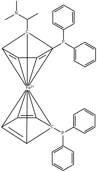 Ferrocene, 1-[(1R)-1-(dimethylamino)ethyl]-1',2-bis(diphenylphosphino)-, (2R)- Structure