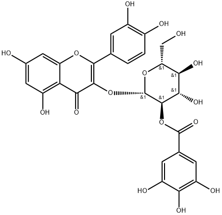 4H-1-Benzopyran-4-one, 2-(3,4-dihydroxyphenyl)-5,7-dihydroxy-3-[[2-O-(3,4,5-trihydroxybenzoyl)-β-D-glucopyranosyl]oxy]- Structure