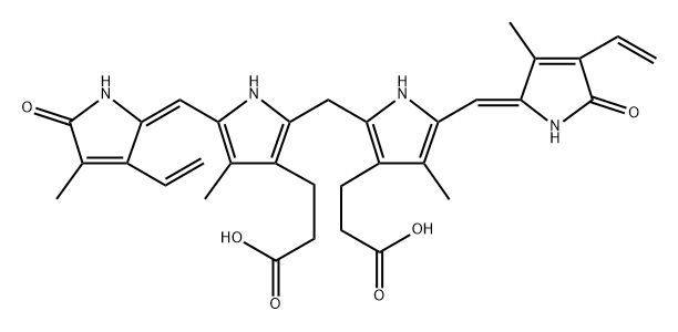 21H-Biline-8,12-dipropanoic acid, 2,17-diethenyl-1,10,19,22,23,24-hexahydro-3,7,13,18-tetramethyl-1,19-dioxo-, (15E)- Structure