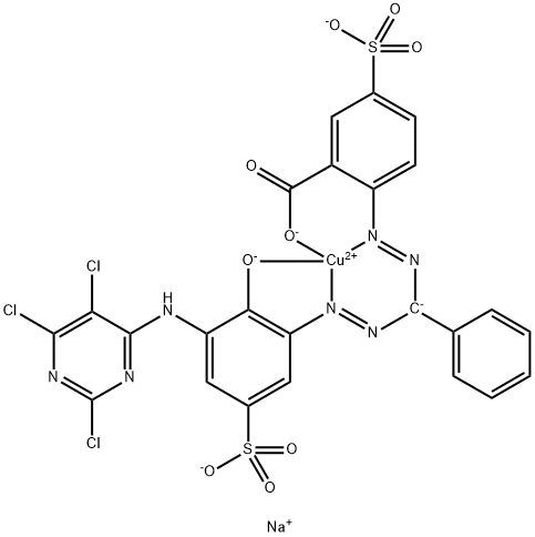 trisodium [2-[[alpha-[[2-hydroxy-5-sulpho-3-[(2,5,6-trichloro-4-pyrimidinyl)amino]phenyl]azo]benzyl]azo]-5-sulphobenzoato(5-)]cuprate(3-) 구조식 이미지