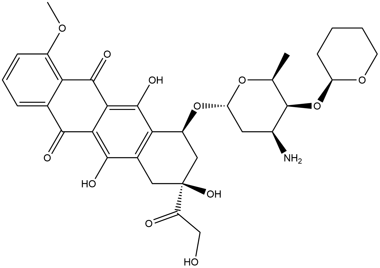 5,12-Naphthacenedione, 10-[[3-amino-2,3,6-trideoxy-4-O-(tetrahydro-2H-pyran-2-yl)-α-L-lyxo-hexopyranosyl]oxy]-7,8,9,10-tetrahydro-6,8,11-trihydroxy-8-(hydroxyacetyl)-1-methoxy-, [8S-[8α,10α(R*)]]- (9CI) 구조식 이미지