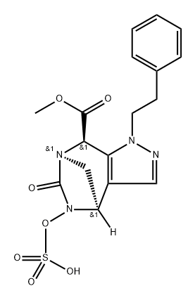 rel-8-Methyl (4R,7R,8R)-4,5,6,8-tetrahydro-6- oxo-1-(2-phenylethyl)-5-(sulfooxy)-1H-4,7- methanopyrazolo[3,4-e][1,3]diazepine-8- carboxylate Structure