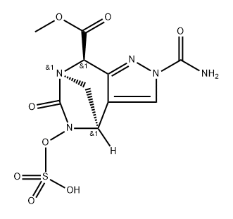 rel-8-Methyl (4R,7R,8R)-2-(aminocarbonyl)-2,5, 6,8-tetrahydro-6-oxo-5-(sulfooxy)-4H-4,7- methanopyrazolo[3,4-e][1,3]diazepine-8- carboxylate 구조식 이미지