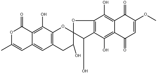 Spiro[benzo[1,2-b:5,4-c']dipyran-2(9H),2'(3'H)-naphtho[2,3-b]furan]-5',8',9-trione, 3,4-dihydro-3,3',4',9',10-pentahydroxy-7'-methoxy-7-methyl- (9CI) 구조식 이미지