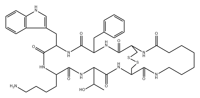 cyclo(aminoheptanoic acid-cyclo(cysteinyl-phenylalanyl-D-tryptophyl-lysyl-threonyl-cysteinyl)) Structure