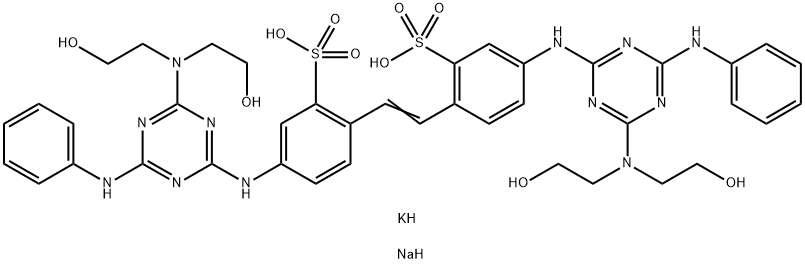 potassium sodium 4,4'-bis[6-anilino-4-[bis(2-hydroxyethyl)amino]-1,3,5-triazin-2-yl]amino]stilbene-2,2'-disulphonate Structure