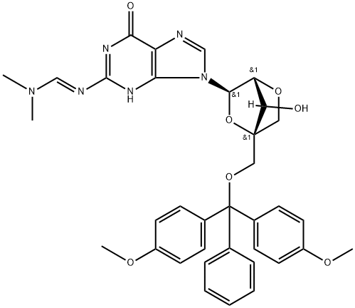 Methanimidamide, N'-[9-[2,5-anhydro-4-C-[[bis(4-methoxyphenyl)phenylmethoxy]methyl]-α-L-lyxofuranosyl]-6,9-dihydro-6-oxo-1H-purin-2-yl]-N,N-dimethyl- Structure