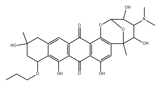 [2R,(+)]-4α-(Dimethylamino)-3,4,5,6,11,12,13,14-octahydro-3β,5β,8,10,13α-pentahydroxy-6,13-dimethyl-11α-propoxy-2α,6α-epoxy-2H-naphthaceno[1,2-b]oxocin-9,16-dione 구조식 이미지
