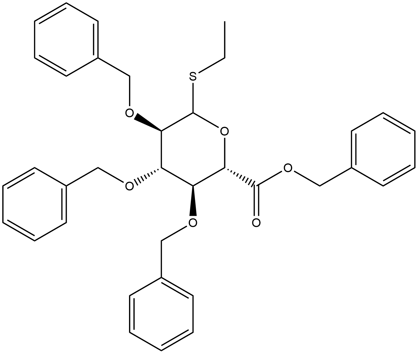 D-Glucopyranosiduronic acid, ethyl 2,3,4-tris-O-(phenylmethyl)-1-thio-, phenylmethyl ester Structure