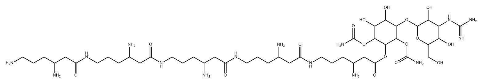 D-myo-Inositol, 4-O-[3-[(aminoiminomethyl)amino]-3-deoxy-β-D-mannopyranosyl]-, 1,3-dicarbamate 2-[(3S,10S,17S,24S,31S)-3,10,17,24,31,34-hexaamino-8,15,22,29-tetraoxo-7,14,21,28-tetraazatetratriacontanoate] (9CI) 구조식 이미지