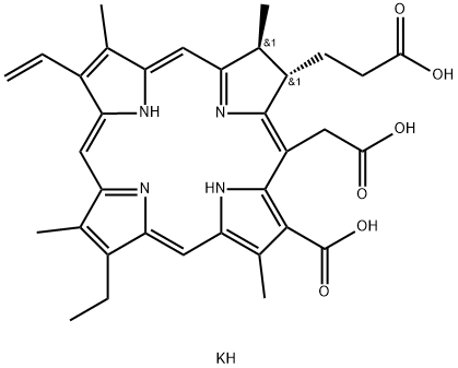 tripotassium (2S-trans)-18-carboxylato-20-(carboxylatomethyl)-13-ethyl-2,3-dihydro-3,7,12,17-tetramethyl-8-vinyl-21H,23H-porphine-2-propionate Structure