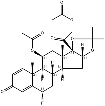 Pregna-1,4-diene-3,20-dione, 11,21-bis(acetyloxy)-6,9-difluoro-16,17-[(1-methylethylidene)bis(oxy)]-, (6α,11β,16α)- 구조식 이미지