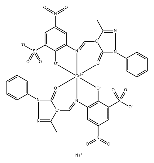 trisodium bis[3-[[(4,5-dihydro-3-methyl-5-oxo-1-phenyl-1H-pyrazol-4-yl)methylene]amino]-2-hydroxy-5-nitrobenzenesulphonato(3-)]chromate(3-) Structure