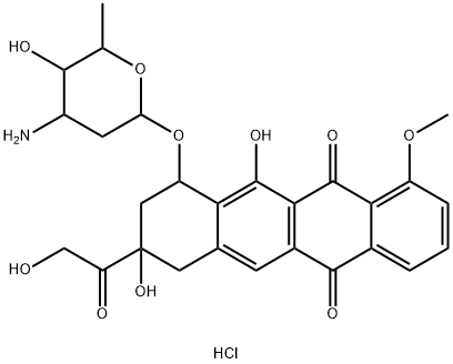 5,12-Naphthacenedione, 10-[(3-amino-2,3,6-trideoxy-α-L-lyxo-hexopyranosyl)oxy]-7,8,9,10-tetrahydro-8,11-dihydroxy-8-(2-hydroxyacetyl)-1-methoxy-, hydrochloride (1:1), (8S,10S)- Structure