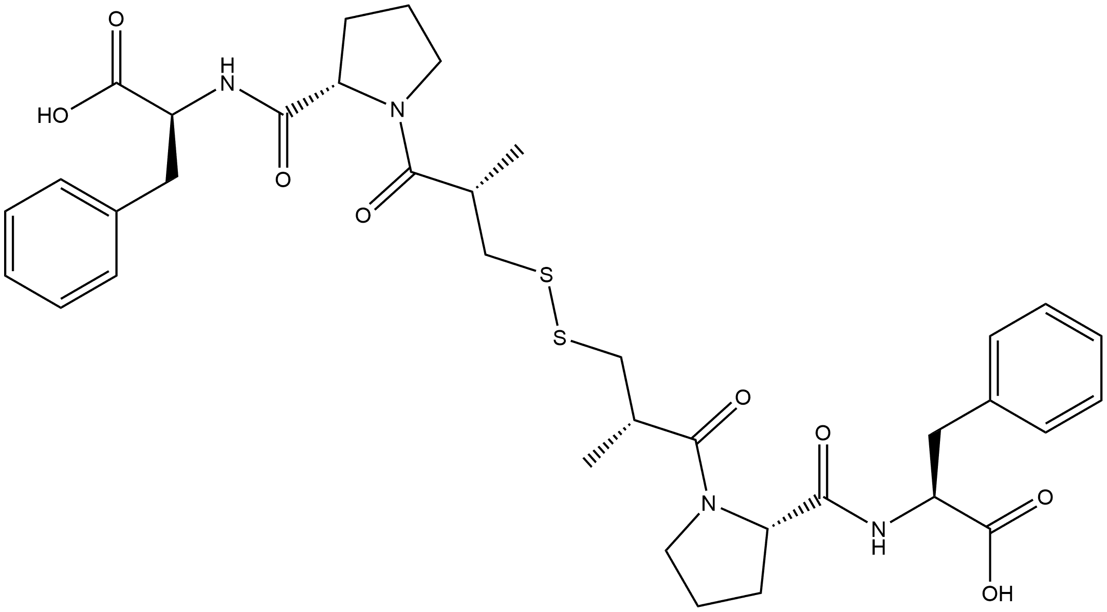 L-Phenylalanine, N-[1-[3-[[3-[2-[[(1-carboxy-2-phenylethyl)amino]carbonyl]-1-pyrrolidinyl]-2-methyl-3-oxopropyl]dithio]-2-methyl-1-oxopropyl]-L-prolyl]-, stereoisomer (9CI) Structure