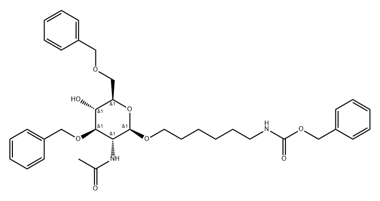 Carbamic acid, 6-2-(acetylamino)-2-deoxy-3,6-bis-O-(phenylmethyl)-.beta.-D-glucopyranosyloxyhexyl-, phenylmethyl ester 구조식 이미지