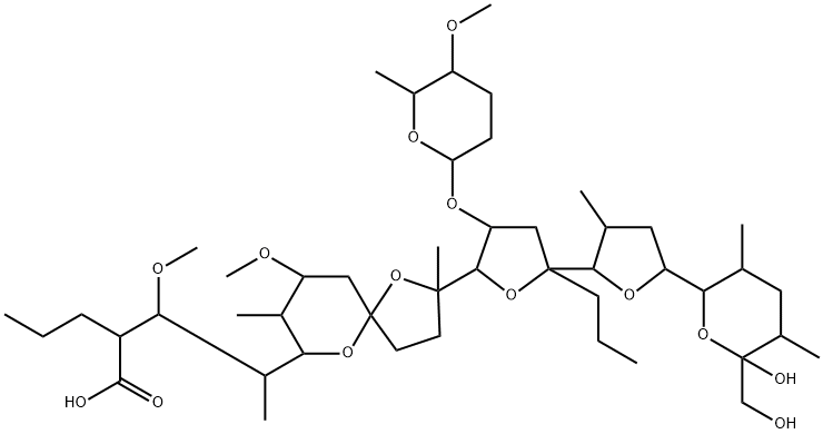 Monensin, 2-demethyl-16-deethyl-7-O-methyl-2,16-dipropyl-14-[[(2S,5S,6R)-tetrahydro-5-methoxy-6-methyl-2H-pyran-2-yl]oxy]-, (14R)- (9CI) Structure