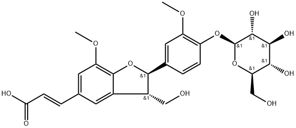 2-Propenoic acid, 3-[(2R,3S)-2-[4-(β-D-glucopyranosyloxy)-3-methoxyphenyl]-2,3-dihydro-3-(hydroxymethyl)-7-methoxy-5-benzofuranyl]-, (2E)- Structure