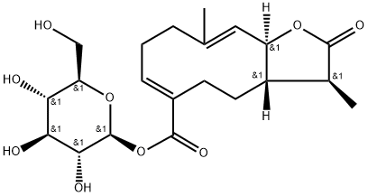 β-D-Glucopyranose, 1-[(3S,3aS,6Z,10E,11aS)-2,3,3a,4,5,8,9,11a-octahydro-3,10-dimethyl-2-oxocyclodeca[b]furan-6-carboxylate] 구조식 이미지