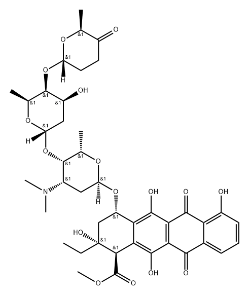 1-Naphthacenecarboxylic acid, 2-ethyl-1,2,3,4,6,11-hexahydro-2,5,7,12-tetrahydroxy-6,11-dioxo-4-[[2,3,6-trideoxy-4-O-[2,6-dideoxy-4-O-[(2R,6S)-tetrahydro-6-methyl-5-oxo-2H-pyran-2-yl]-α-L-lyxo-hexopyranosyl]-3-(dimethylamino)-α-L-lyxo-hexopyranosyl]oxy]-, methyl ester, (1R,2R,4S)- 구조식 이미지