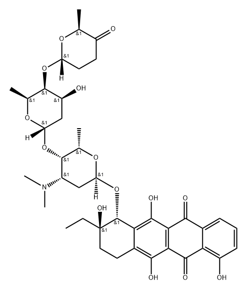 5,12-Naphthacenedione, 8-ethyl-7,8,9,10-tetrahydro-1,6,8,11-tetrahydroxy-7-[[2,3,6-trideoxy-4-O-[2,6-dideoxy-4-O-[(2R,6S)-tetrahydro-6-methyl-5-oxo-2H-pyran-2-yl]-α-L-lyxo-hexopyranosyl]-3-(dimethylamino)-α-L-lyxo-hexopyranosyl]oxy]-, (7R,8R)- Structure