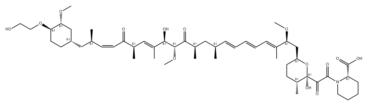 2-Piperidinecarboxylic acid, 1-[2-oxo-2-[(2R,3R,6S)-tetrahydro-2-hydroxy-6-[(2S,3E,5E,7E,9S,11R,13R,14R,15E,17R,19Z,21R)-14-hydroxy-22-[(1S,3R,4R)-4-(2-hydroxyethoxy)-3-methoxycyclohexyl]-2,13-dimethoxy-3,9,11,15,17,21-hexamethyl-12,18-dioxo-3,5,7,15,19-docosapentaen-1-yl]-3-methyl-2H-pyran-2-yl]acetyl]-, (2S)- Structure