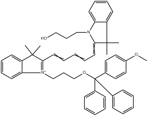 3H-Indolium, 2-[5-[1,3-dihydro-1-(3-hydroxypropyl)-3,3-dimethyl-2H-indol-2-ylidene]-1,3-pentadien-1-yl]-1-[3-[(4-methoxyphenyl)diphenylmethoxy]propyl]-3,3-dimethyl- Structure