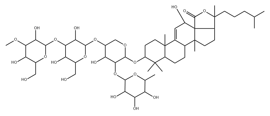 Lanost-9(11)-en-18-oic acid, 3-[(O-6-deoxy-β-D-glucopyranosyl-(1→2)-O-[O-3-O-methyl-β-D-glucopyranosyl-(1→3)-β-D-glucopyranosyl-(1→4)]-β-D-xylopyranosyl)oxy]-12,20-dihydroxy-, γ-lactone, (3β,12α)- (9CI) Structure