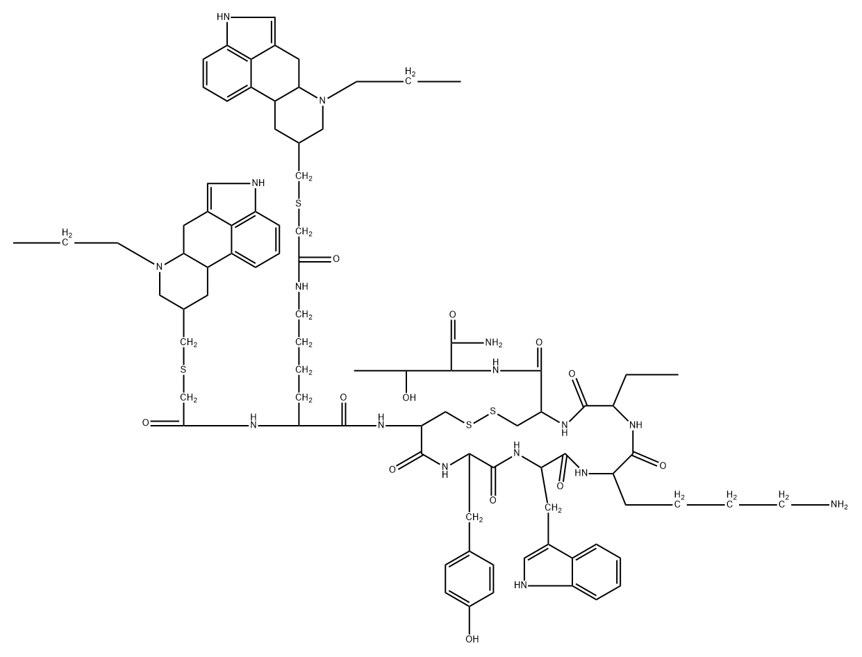 L-Threoninamide, N2,N6-bis[2-[[[(8β)-6-propylergolin-8-yl]methyl]thio]acetyl]-D-lysyl-L-cysteinyl-L-tyrosyl-D-tryptophyl-L-lysyl-(2S)-2-aminobutanoyl-L-cysteinyl-, cyclic (2→7)-disulfide 구조식 이미지