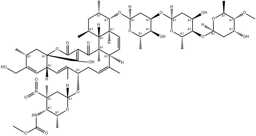 18H-16a,19-Metheno-16aH-benzo[b]naphth[2,1-j]oxacyclotetradecin-18,20(1H)-dione, 4-[(O-2,6-dideoxy-4-O-methyl-β-L-ribo-hexopyranosyl-(1→4)-O-2,6-dideoxy-α-L-ribo-hexopyranosyl-(1→3)-2,6-dideoxy-α-L-ribo-hexopyranosyl)oxy]-2,3,4,4a,6a,9,10,12a,15,16,20a,20b-dodecahydro-21-hydroxy-14-(hydroxymethyl)-1,3,7,11,15,20a-hexamethyl-10-[[2,3,4,6-tetradeoxy-4-[(methoxycarbonyl)amino]-3-C-methyl-3-nitro-β-D-xylo-hexopyranosyl]oxy]-, (1S,3S,4S,4aS,6aS,7E,10S,11E,12aS,15R,16aS,20aS,20bR)- Structure