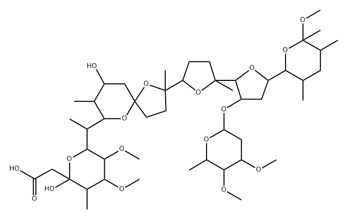 2H-Pyran-2-acetic acid, 6-[(1R)-1-[(2S,5R,7S,8R,9S)-2-[(2S,2′R,3′S,5R,5′R)-3′-[(2,6-dideoxy-3,4-di-O-methyl-β-L-arabino-hexopyranosyl)oxy]octahydro-2-methyl-5′-[(2S,3S,5R,6S)-tetrahydro-6-methoxy-3,5,6-trimethyl-2H-pyran-2-yl][2,2′-bifuran]-5-yl]-9-hydroxy-2,8-dimethyl-1,6-dioxaspiro[4.5]dec-7-yl]ethyl]tetrahydro-2-hydroxy-4,5-dimethoxy-3-methyl-, (2R,3S,4S,5R,6S)- Structure