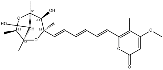 4-Methoxy-5-methyl-6-[(1E,3E,5E)-6-[(1R,8S)-4α,8-dihydroxy-1α,3,5α,7α-tetramethyl-2,6-dioxabicyclo[3.2.1]octan-3α-yl]-1,3,5-hexatrienyl]-2H-pyran-2-one 구조식 이미지