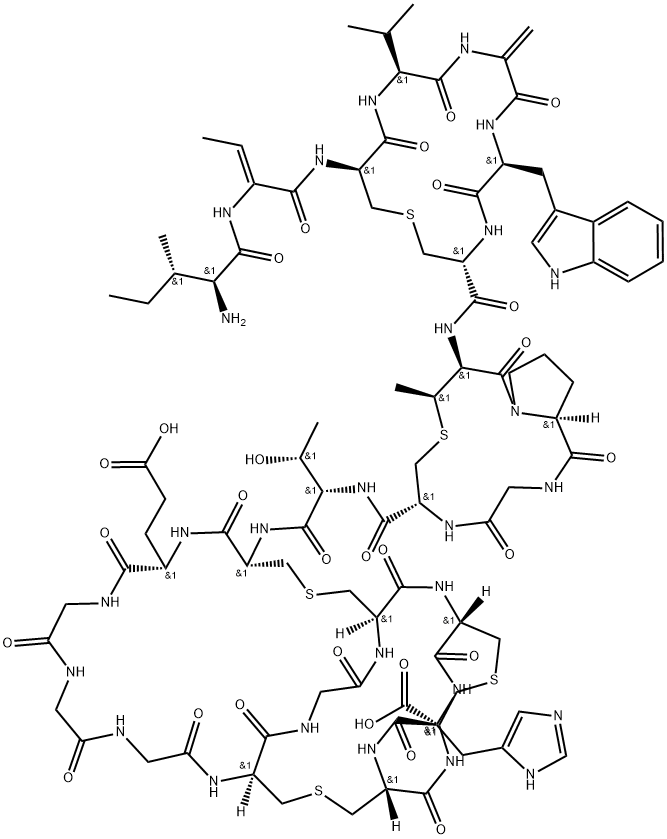 L-Cysteine, L-isoleucyl-(2Z)-2-amino-2-butenoyl-D-cysteinyl-L-valyl-2,3-didehydroalanyl-L-tryptophyl-L-cysteinyl-(2S,3S)-2-amino-3-mercaptobutanoyl-L-prolylglycyl-L-cysteinyl-L-threonyl-D-cysteinyl-L-α-glutamylglycylglycylglycyl-D-cysteinylglycyl-L-cysteinyl-D-cysteinyl-L-histidyl-L-cysteinyl-, cyclic (3→7),(8→11),(13→20),(18→23),(21→24)-pentakis(thioether) Structure