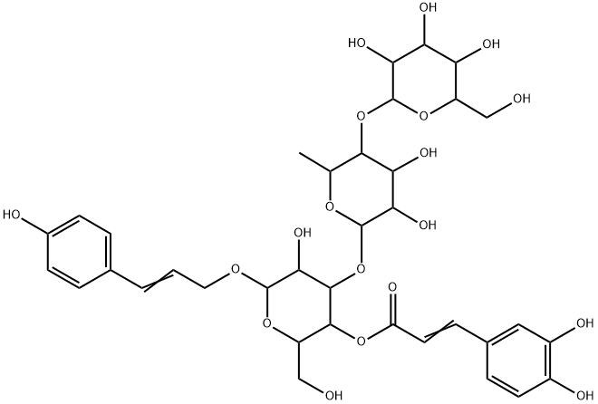 β-D-Glucopyranoside, (2E)-3-(4-hydroxyphenyl)-2-propen-1-yl O-β-D-glucopyranosyl-(1→4)-O-6-deoxy-α-L-mannopyranosyl-(1→3)-, 4-[(2E)-3-(3,4-dihydroxyphenyl)-2-propenoate] Structure