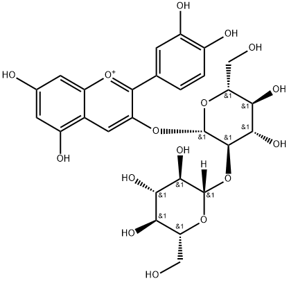 1-Benzopyrylium, 2-(3,4-dihydroxyphenyl)-3-[(2-O-β-D-glucopyranosyl-β-D-glucopyranosyl)oxy]-5,7-dihydroxy- 구조식 이미지