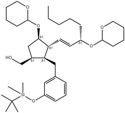 CyclopentaneMethanol, 2-[[3-[[(1,1-diMethylethyl)diMethylsilyl]oxy]phenyl]Methyl]-4-[(tetrahydro-2 H-pyran-2-yl)oxy]-3-[3-[(tetrahydro-2H-pyran-2-yl)oxy]-1-octenyl]-, [1S-[1a,2a,3b(1E,3R*),4a]]- 구조식 이미지