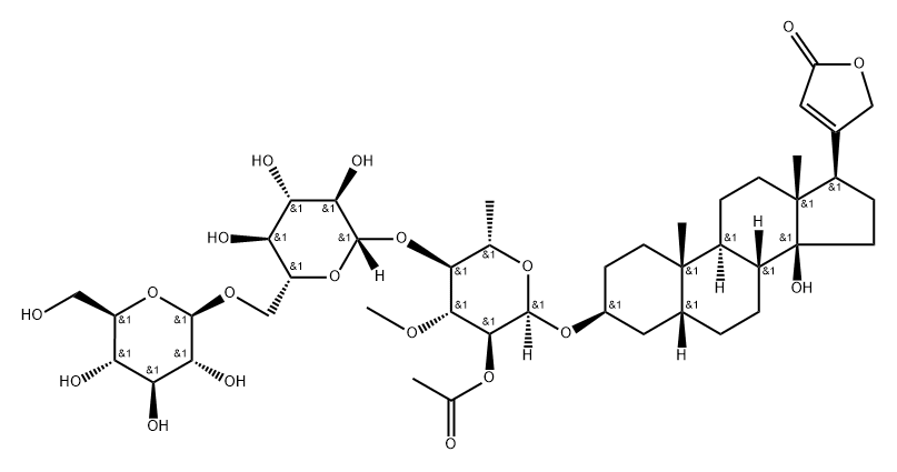 Card-20(22)-enolide, 3-[(O-β-D-glucopyranosyl-(1→6)-O-β-D-glucopyranosyl-(1→4)-2-O-acetyl-6-deoxy-3-O-methyl-α-L-glucopyranosyl)oxy]-14-hydroxy-, (3β,5β)- 구조식 이미지