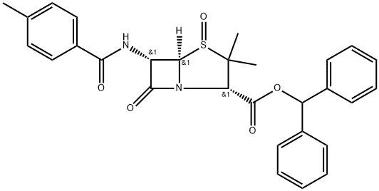 4-Thia-1-azabicyclo[3.2.0]heptane-2-carboxylic acid, 3,3-dimethyl-6-[(4-methylbenzoyl)amino]-7-oxo-, diphenylmethyl ester, 4-oxide, [2S-(2α,5α,6α)]- Structure