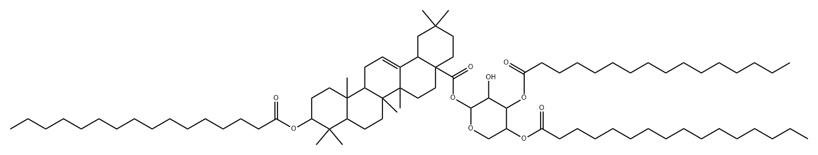 Olean-12-en-28-oic acid, 3-[(1-oxohexadecyl)oxy]-, 3,4-bis-O-(1-oxohexadecyl)-α-L-arabinopyranosyl ester, (3β)- 구조식 이미지