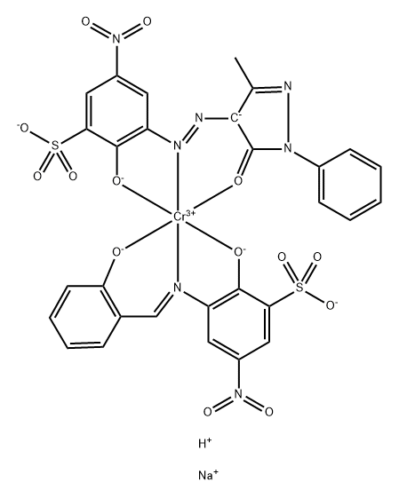 Chromate(3-), [3-[[4,5-dihydro-3-methyl-5-(oxo-κO)-1-phenyl-1H-pyrazol-4-yl]azo-κN1]-2-(hydroxy-κO)-5-nitrobenzenesulfonato(3-)][2-(hydroxy-κO)-3-[[[2-(hydroxy-κO)phenyl]methylene]amino-κN]-5-nitrobenzenesulfonato(3-)]-, disodium hydrogen 구조식 이미지