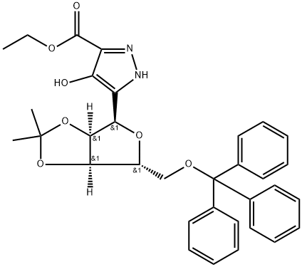 4-Hydroxy-5-[2,3-O-(1-methylethylidene)-5-O-(triphenylmethyl)-α-D-ribofuranosyl]-1H-pyrazole-3-carboxylic Acid Ethyl Ester 구조식 이미지