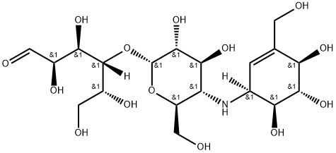 4-O-[4-[[(1S)-4β,5α,6β-Trihydroxy-3-(hydroxymethyl)-2-cyclohexen-1β-yl]amino]-4-deoxy-α-D-glucopyranosyl]-D-glucose 구조식 이미지