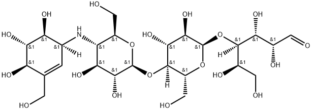 D-Glucose, O-4-deoxy-4-[[(1S,4R,5S,6S)-4,5,6-trihydroxy-3-(hydroxymethyl)-2-cyclohexen-1-yl]amino]-α-D-glucopyranosyl-(1→4)-O-α-D-glucopyranosyl-(1→4)- Structure