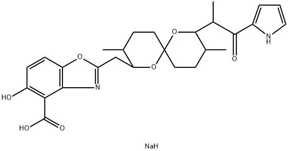 Sodium 2-((3,9-dimethyl-8-(1-oxo-1-(1H-pyrrol-2-yl)propan-2-yl)-1,7-dioxaspiro[5.5]undecan-2-yl)methyl)benzo[d]oxazole-4-carboxylate 구조식 이미지