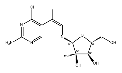 7H-Pyrrolo[2,3-d]pyrimidin-2-amine, 4-chloro-5-iodo-7-(2-C-methyl-beta-D-ribofuranosyl)- 구조식 이미지