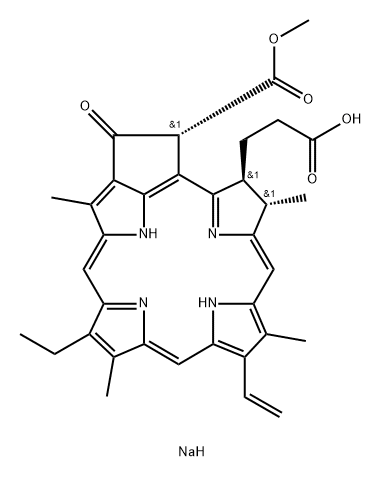 sodium [3S-(3alpha,4beta,21beta)]-14-ethyl-21-(methoxycarbonyl)-4,8,13,18-tetramethyl-20-oxo-9-vinylphorbine-3-propionate 구조식 이미지