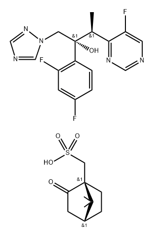 Bicyclo[2.2.1]heptane-1-methanesulfonic acid, 7,7-dimethyl-2-oxo-, (1S,4R)-, compd. with (αR,βS)-α-(2,4-difluorophenyl)-5-fluoro-β-methyl-α-(1H-1,2,4-triazol-1-ylmethyl)-4-pyrimidineethanol (1:1) 구조식 이미지