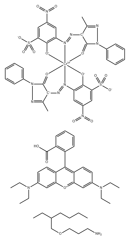 Xanthylium, 9-(2-carboxyphenyl)-3,6-bis(diethylamino)-, hydrogen bis[3-[(4,5-dihydro-3-methyl-5-oxo-1-phenyl-1H-pyrazol-4-yl)azo]-2-hydroxy-5-nitrobenzenesulfonato(3-)]chromate(3-), compd. with 3-[(2-ethylhexyl)oxy]-1-propanamine 구조식 이미지